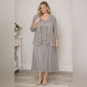 Ulla Popken Silver Two-Piece Dress & Jacket Set – Size 2